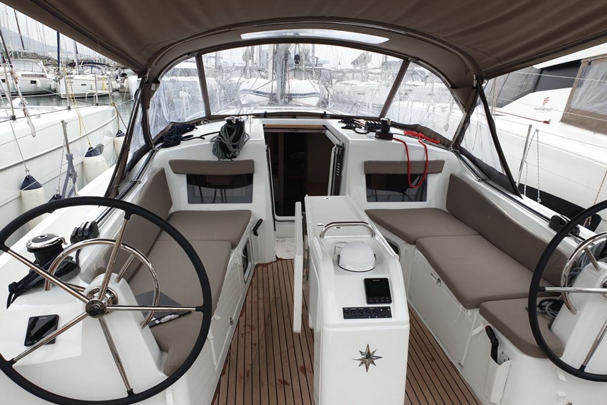 Cockpit of Jutisa, a Jeanneau Sun Odyssey 410 sailboat at Grad Pula, Croatia