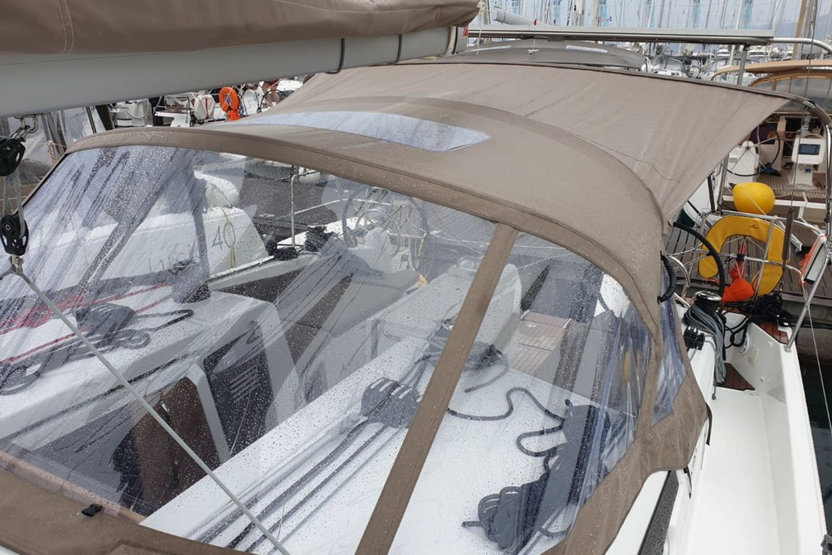 Deck of Jutisa, a Jeanneau Sun Odyssey 410 sailboat at Grad Pula, Croatia