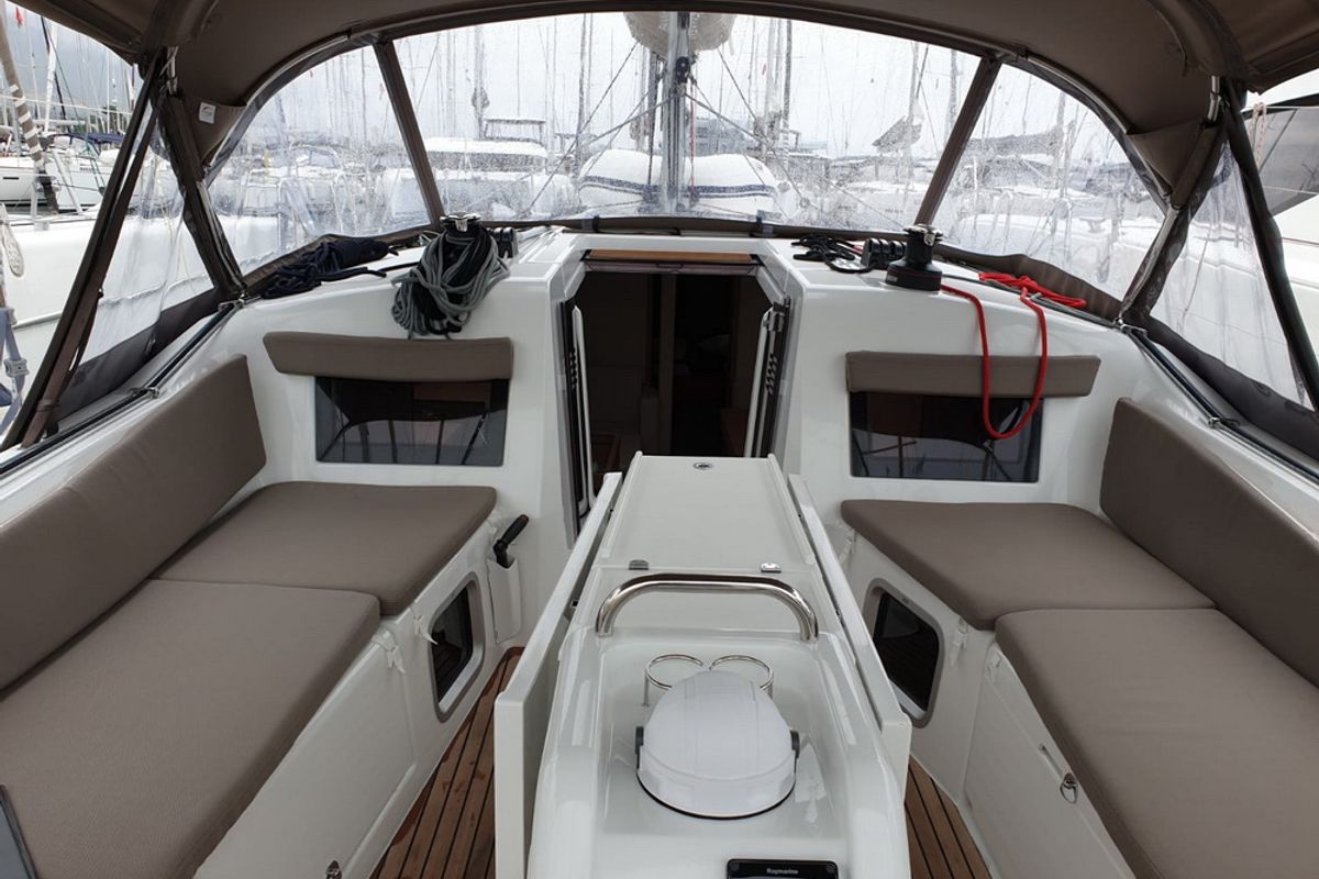 Deck of Jutisa, a Jeanneau Sun Odyssey 410 sailboat at Grad Pula, Croatia
