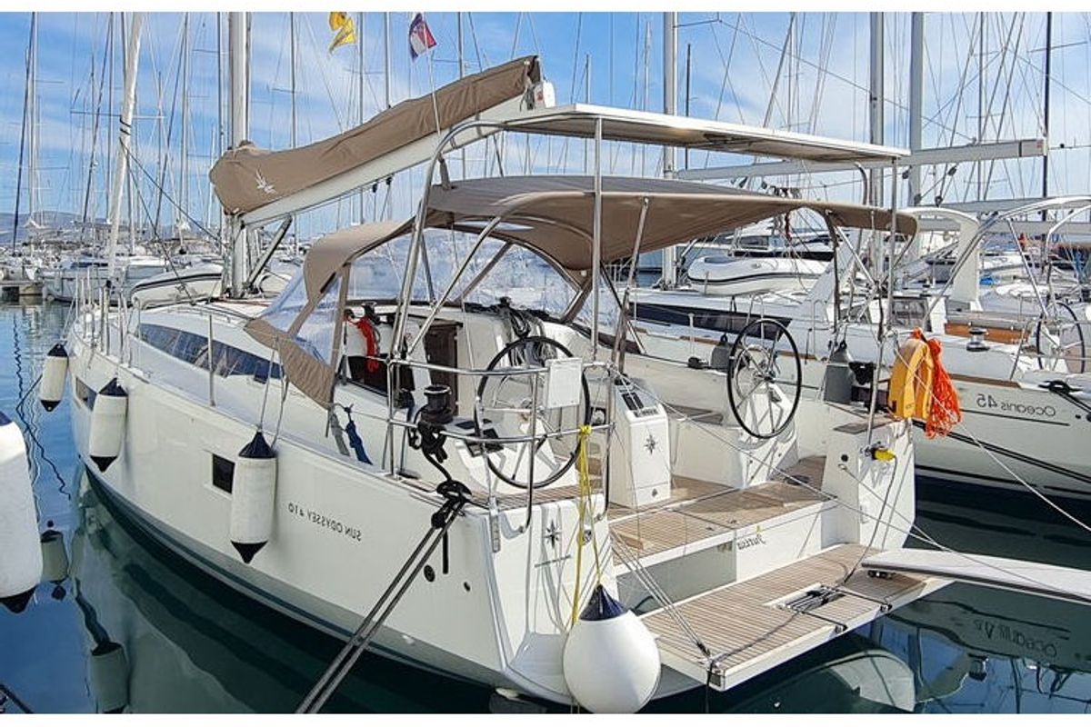 Exterior view of Jutisa, a Jeanneau Sun Odyssey 410 sailboat at Grad Pula, Croatia