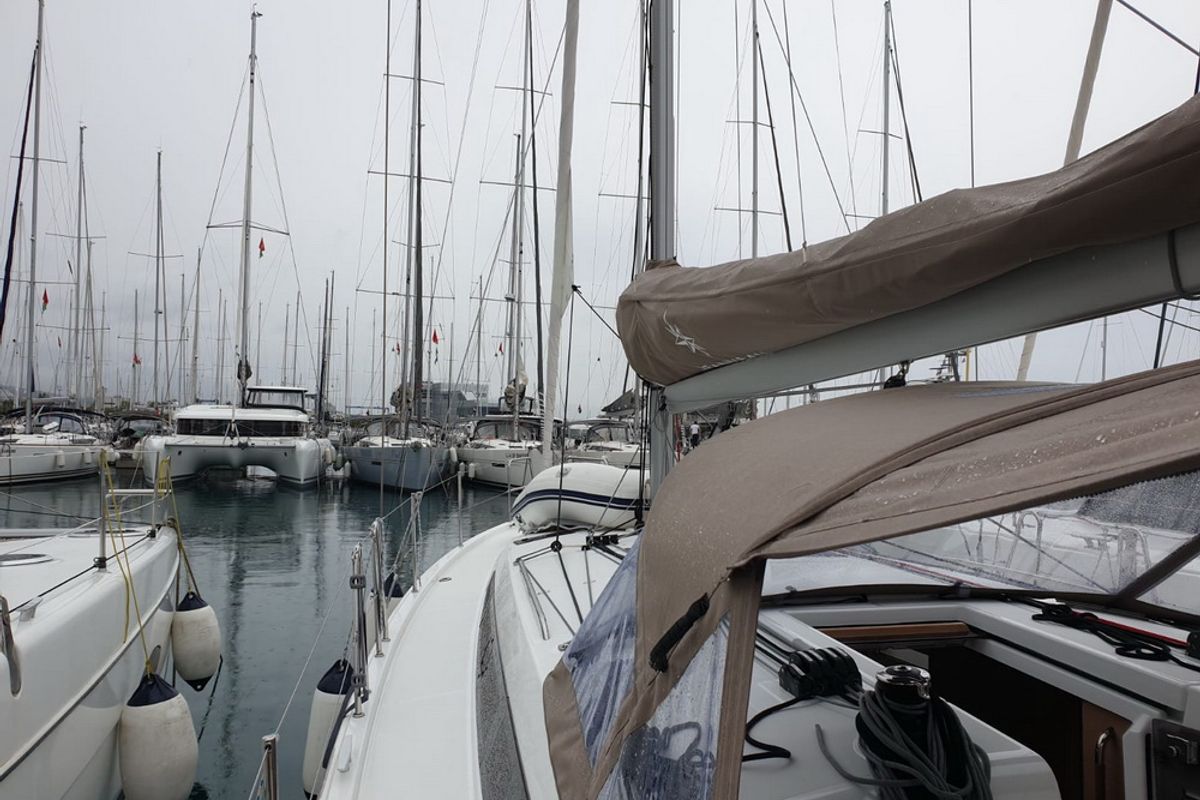 Deck of Jutisa, a Jeanneau Sun Odyssey 410 sailboat at Grad Pula, Croatia