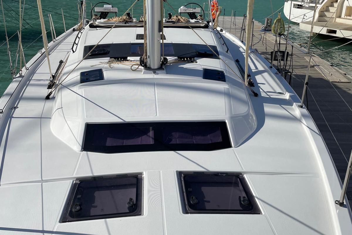 Deck of Egusa, a Dufour 470 sailboat at Cagliari, Italy