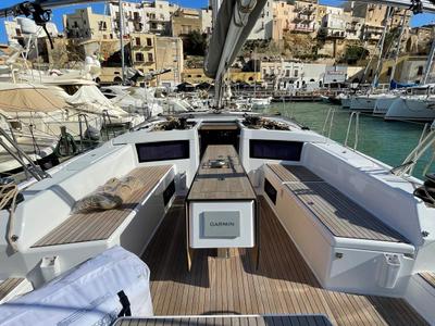 Deck of Egusa, a Dufour 470 sailboat at Cagliari, Italy