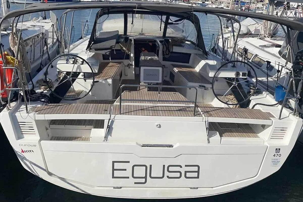 Exterior view of Egusa, a Dufour 470 sailboat at Cagliari, Italy