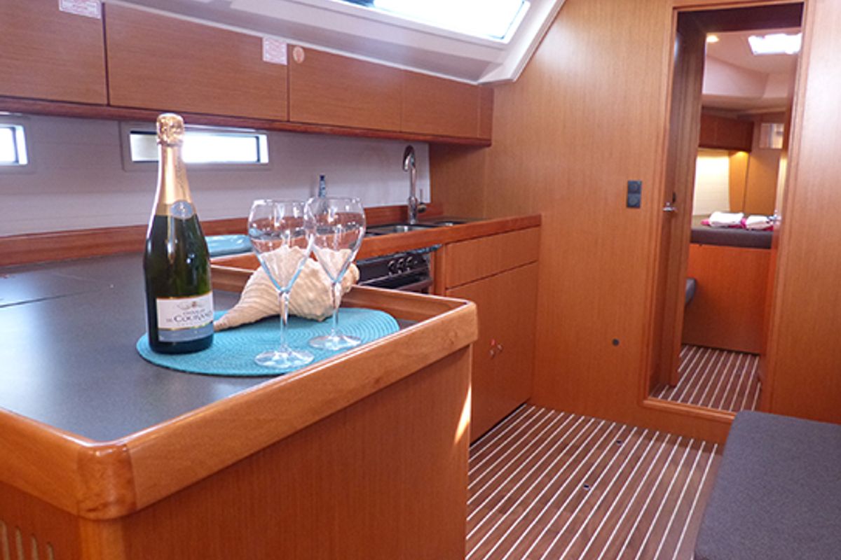 Galley of Ti Tengo D'okkio, a Bavaria Cruiser 46 sailboat at Procida, Italy