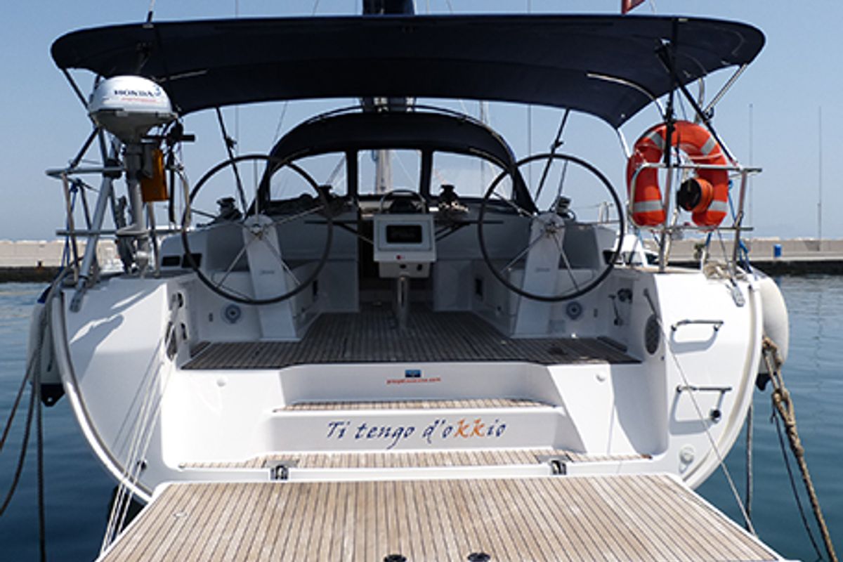 Cockpit of Ti Tengo D'okkio, a Bavaria Cruiser 46 sailboat at Procida, Italy