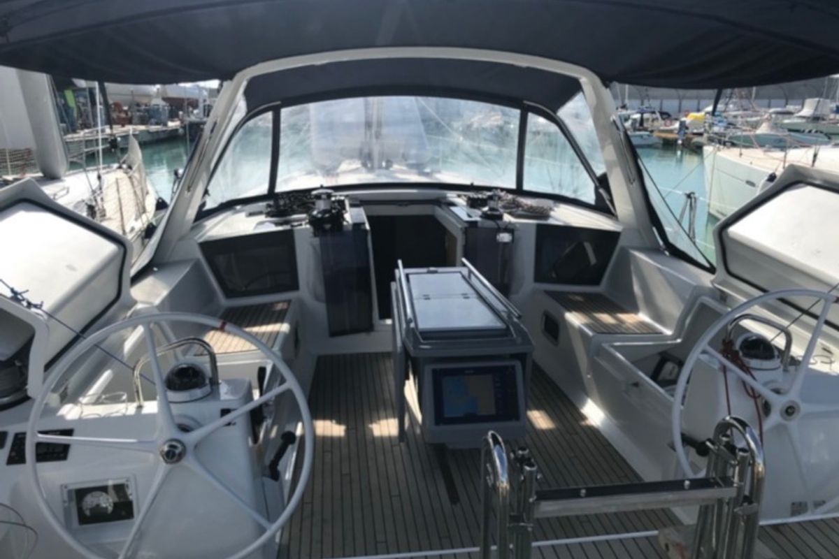 Cockpit of Alphard, a Beneteau Oceanis 45 sailboat at Rosignano Solvay, Italy