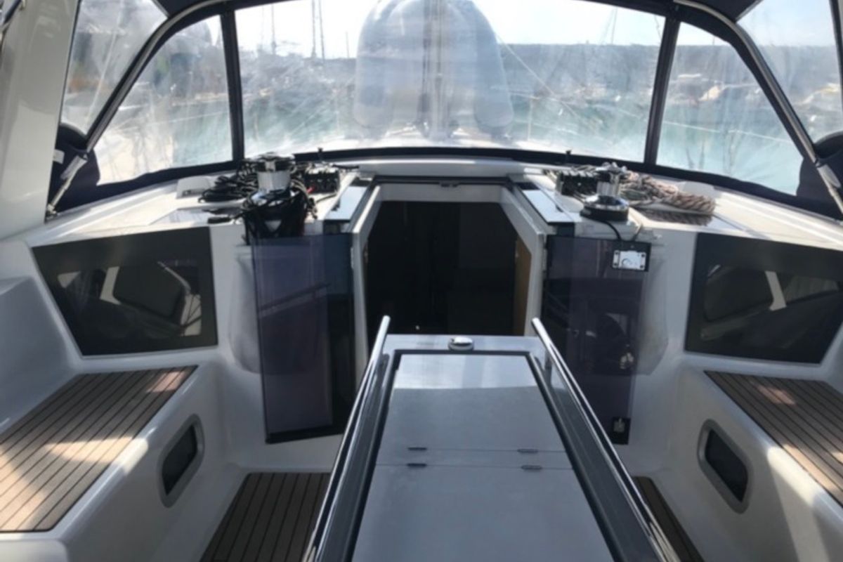 Cockpit of Alphard, a Beneteau Oceanis 45 sailboat at Rosignano Solvay, Italy