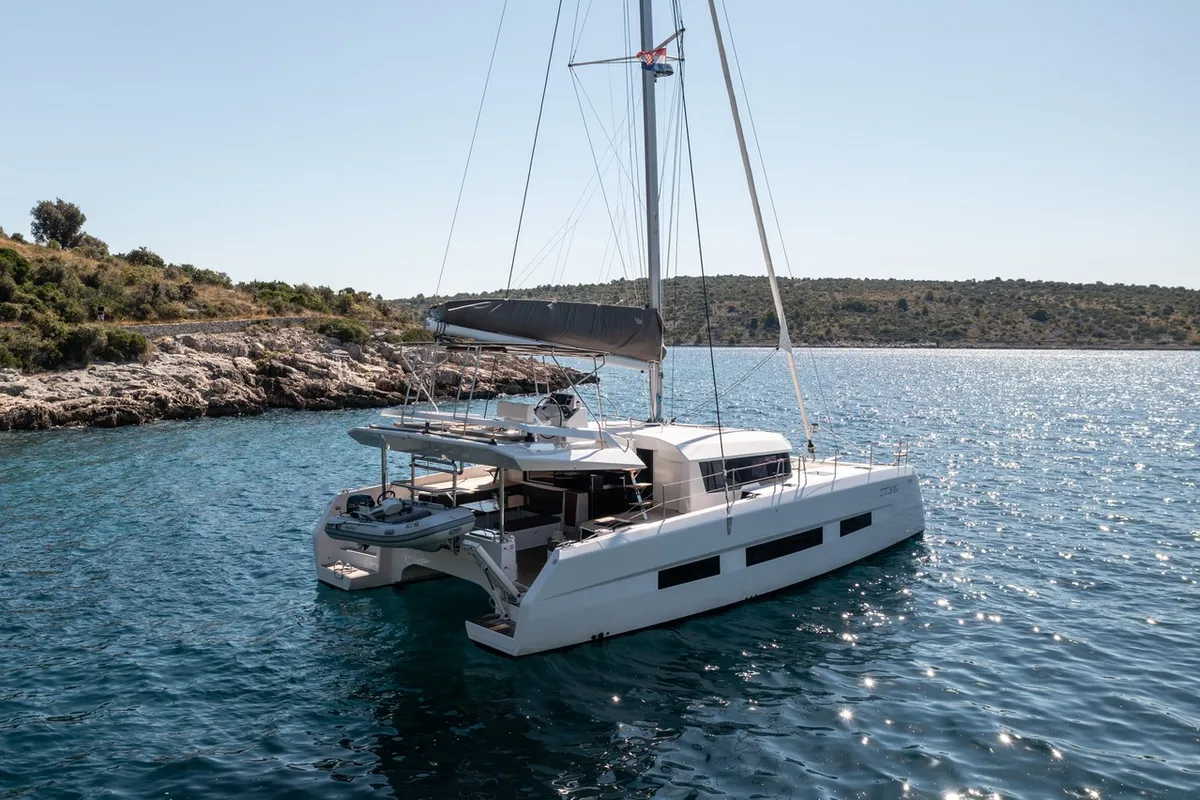 Exterior view of Uma, a Dufour 48 Catamaran catamaran at Primošten, Croatia