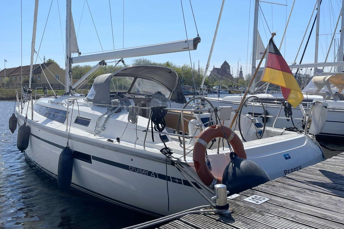Exterior view of Pepper, a Bavaria Cruiser 41 sailboat at Barth, Germany