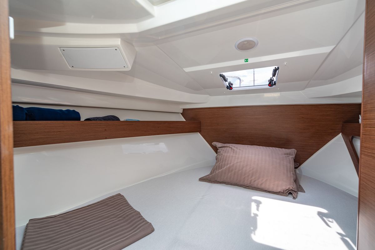Cabin on Klapa, a Jeanneau Merry Fisher 795 motorboat at Municipality of Novigrad, Croatia