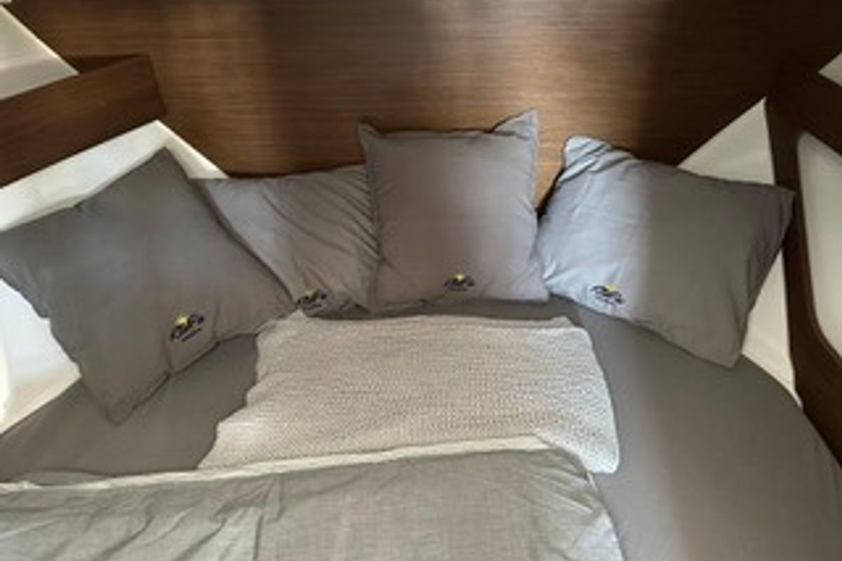 Cabin on Klapa, a Jeanneau Merry Fisher 795 motorboat at Municipality of Novigrad, Croatia