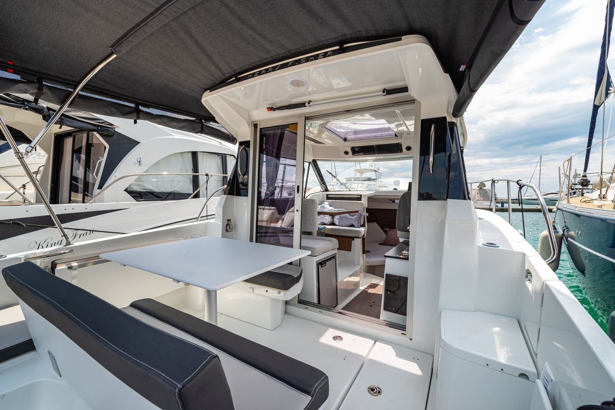 Deck of Klapa, a Jeanneau Merry Fisher 795 motorboat at Municipality of Novigrad, Croatia