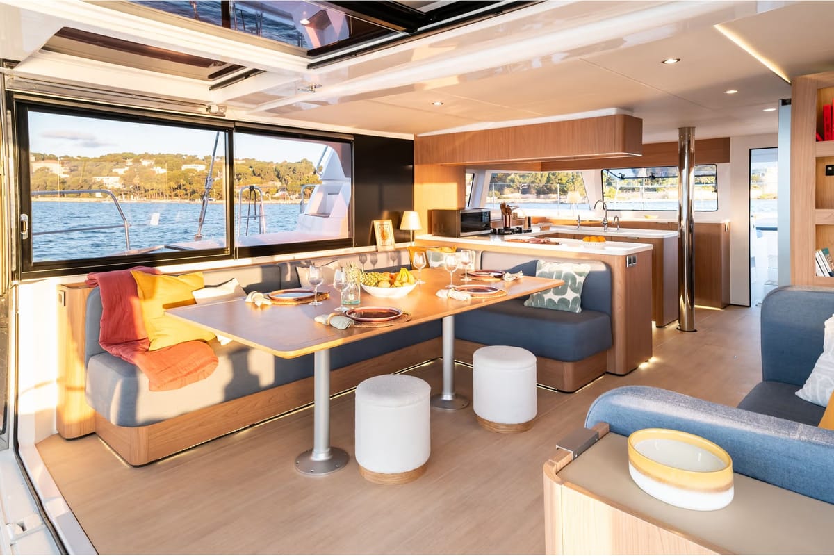 Salon of TBA, a Bali 5.2 catamaran at Municipal Unit of Lefkada, Greece
