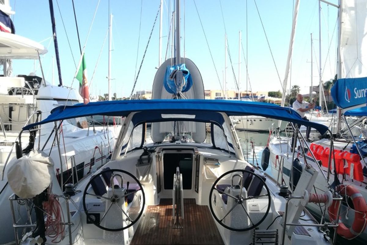 Cockpit of Ariele, a Beneteau Oceanis 38.1 sailboat at Tonnarella, Italy