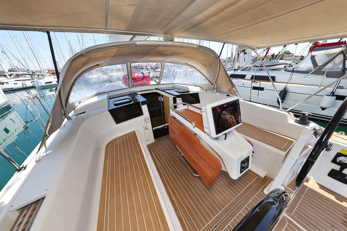 Cockpit of Brukus, a Hanse Yachts Hanse 388 sailboat at Grad Biograd na Moru, Croatia
