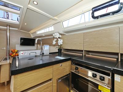 Galley of Brukus, a Hanse Yachts Hanse 388 sailboat at Grad Biograd na Moru, Croatia
