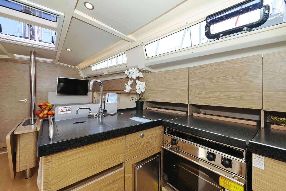 Galley of Brukus, a Hanse Yachts Hanse 388 sailboat at Grad Biograd na Moru, Croatia