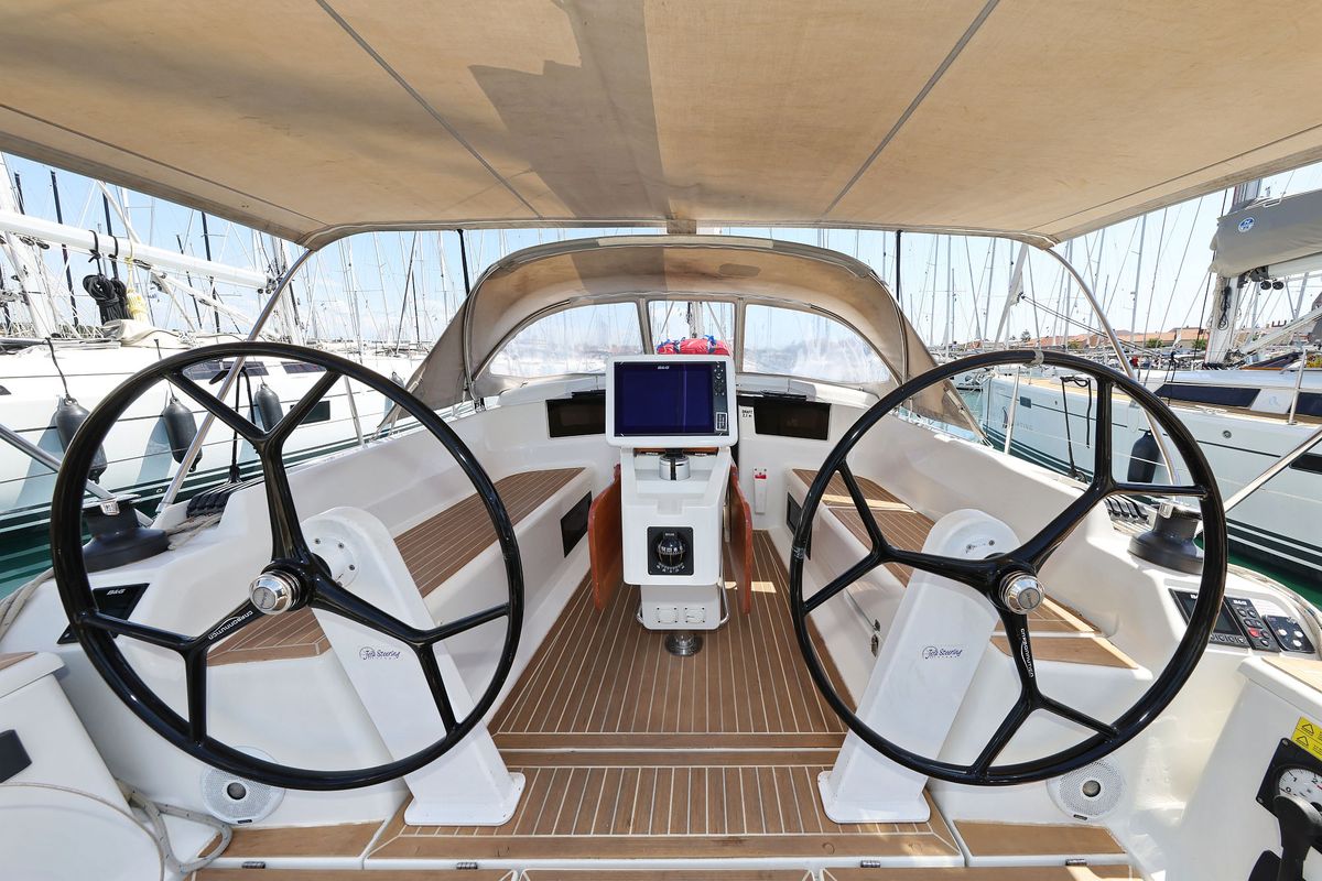Cockpit of Brukus, a Hanse Yachts Hanse 388 sailboat at Grad Biograd na Moru, Croatia