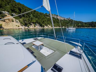 Deck of Gaja, a Bali Catsmart OW catamaran at Grad Šibenik, Croatia