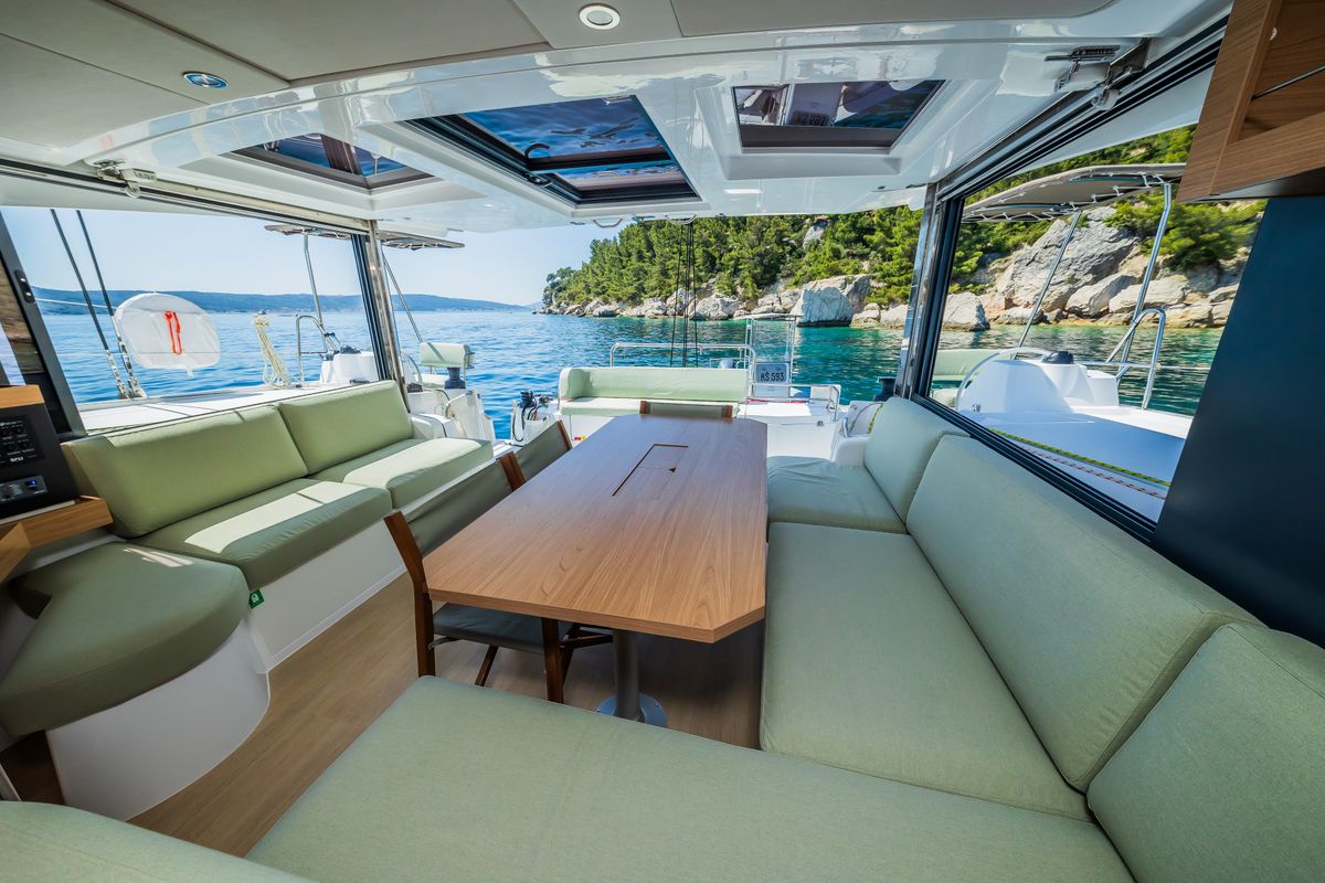 Salon of Gaja, a Bali Catsmart OW catamaran at Grad Šibenik, Croatia