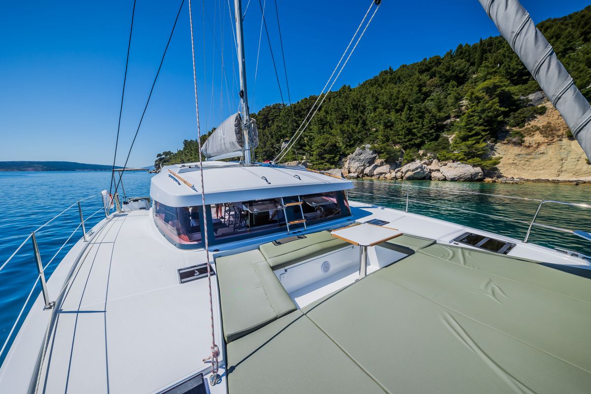 Deck of Gaja, a Bali Catsmart OW catamaran at Grad Šibenik, Croatia