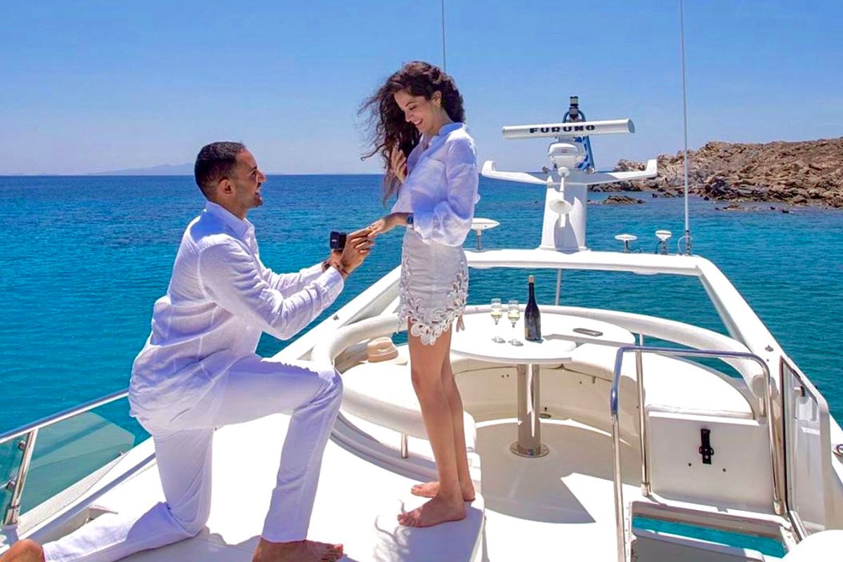 Deck of Secret, a Ferretti 53 motorboat at Mykonos, Greece