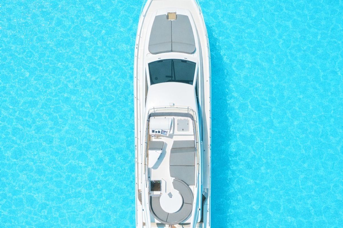 Exterior view of Secret, a Ferretti 53 motorboat at Mykonos, Greece