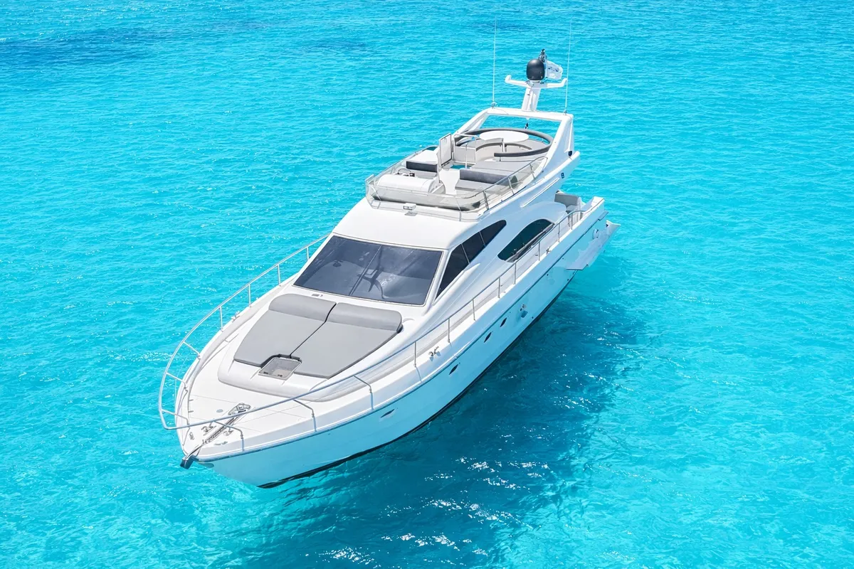 Exterior view of Secret, a Ferretti 53 motorboat at Mykonos, Greece