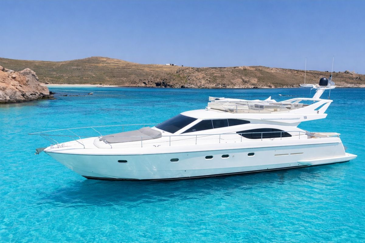Exterior view of Secret, a Ferretti 53 motorboat at Mykonos, Greece