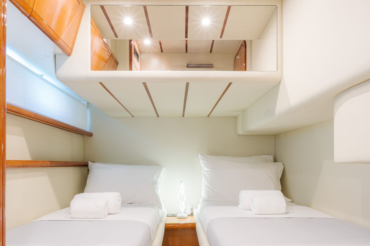 Cabin on Secret, a Ferretti 53 motorboat at Mykonos, Greece