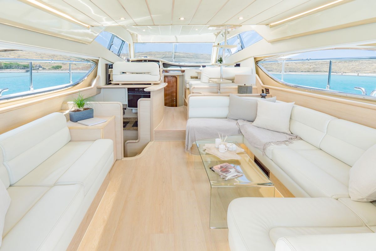 Salon of Secret, a Ferretti 53 motorboat at Mykonos, Greece