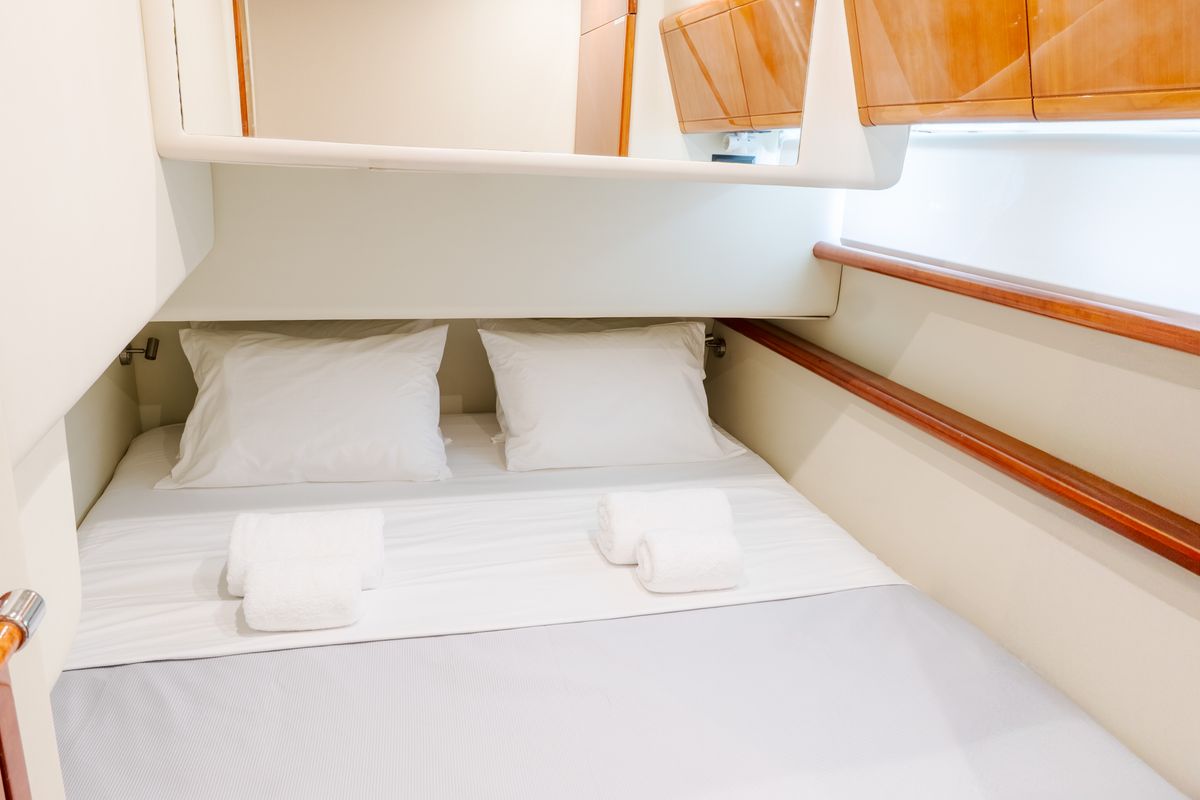 Cabin on Secret, a Ferretti 53 motorboat at Mykonos, Greece