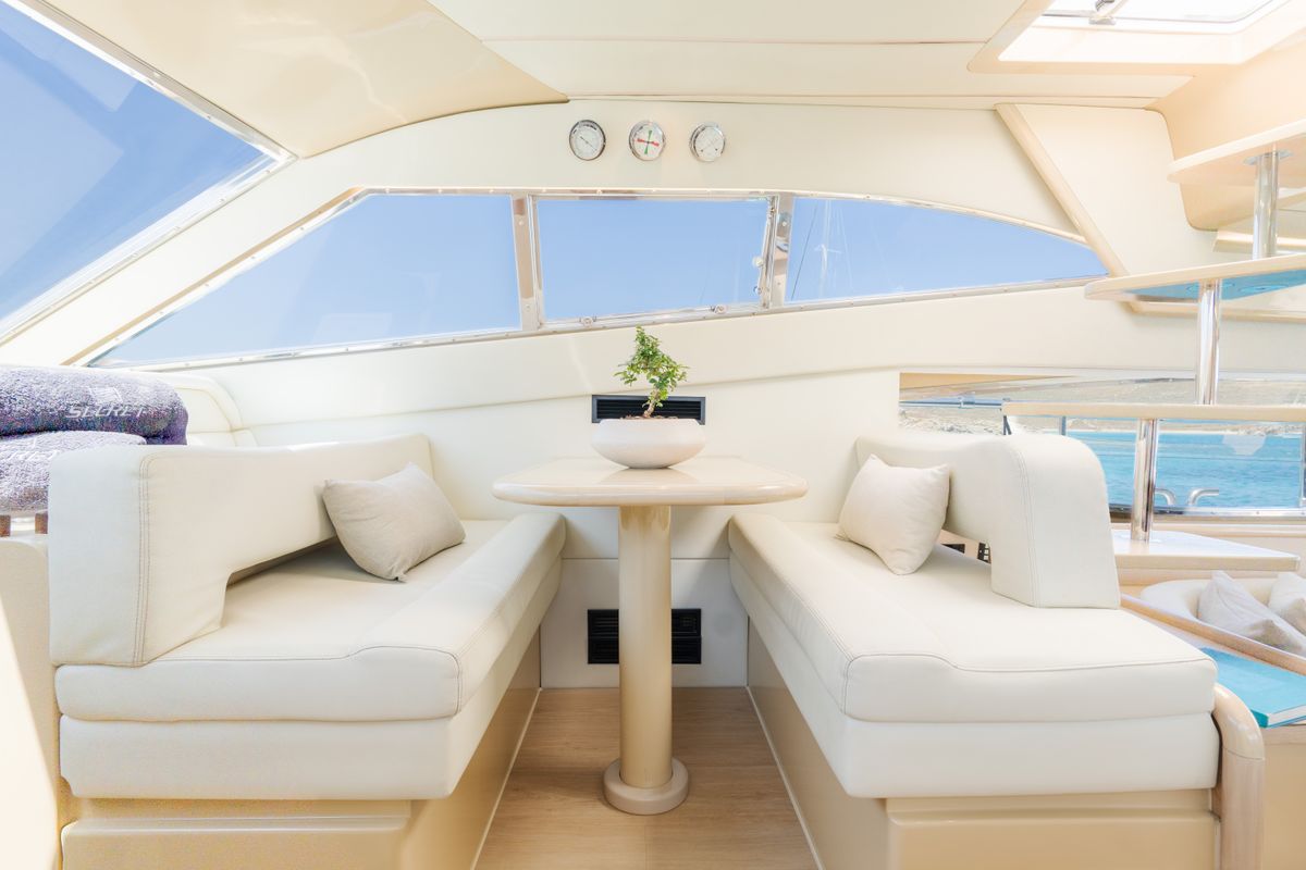 Salon of Secret, a Ferretti 53 motorboat at Mykonos, Greece