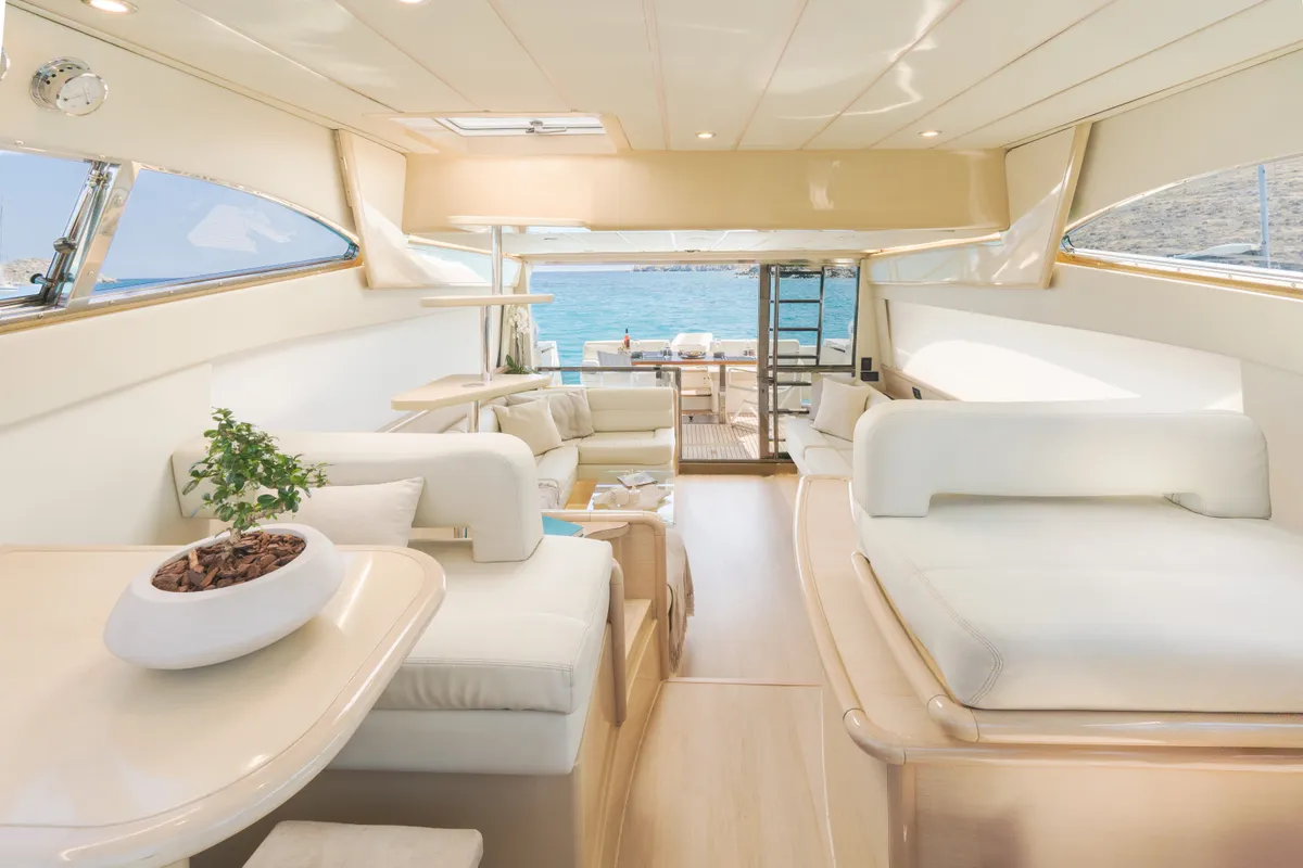 Salon of Secret, a Ferretti 53 motorboat at Mykonos, Greece