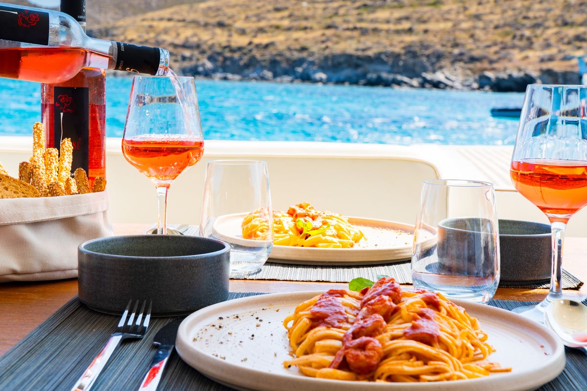 Deck of Secret, a Ferretti 53 motorboat at Mykonos, Greece