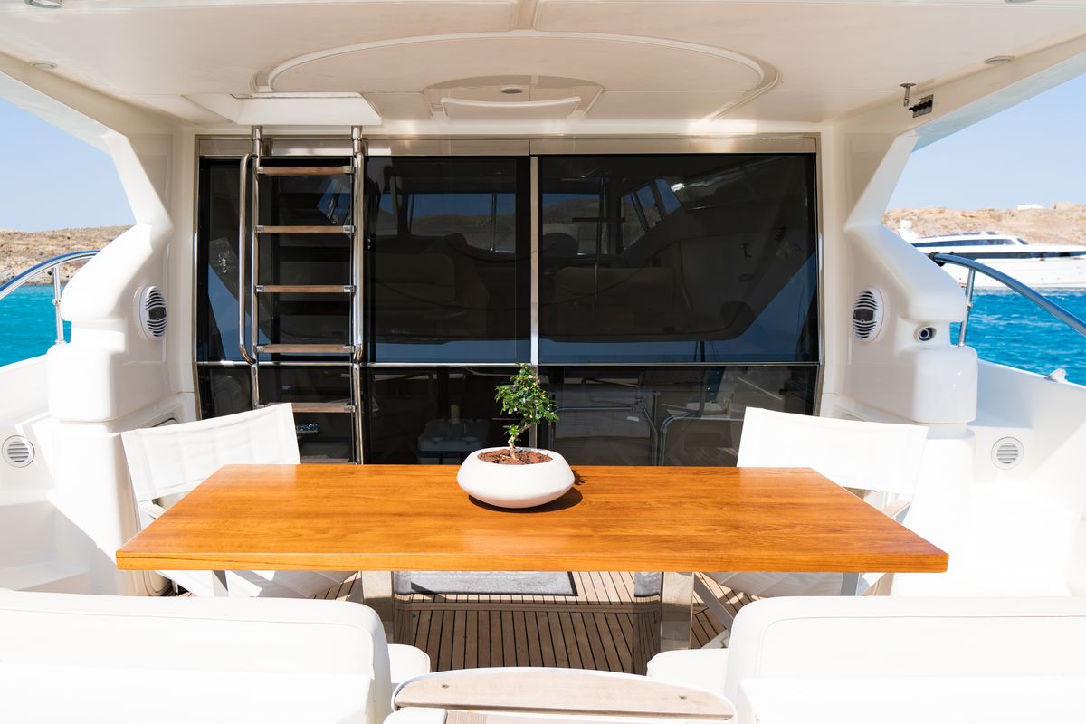 Deck of Secret, a Ferretti 53 motorboat at Mykonos, Greece