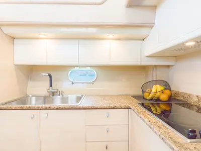 Galley of Secret, a Ferretti 53 motorboat at Mykonos, Greece