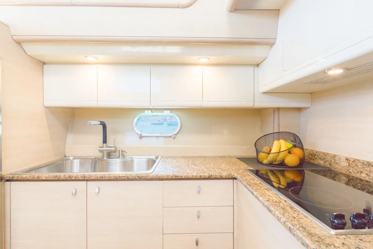 Galley of Secret, a Ferretti 53 motorboat at Mykonos, Greece