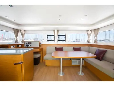Salon of Hydra VIII, a Lagoon 450 Fly catamaran at Athens, Greece