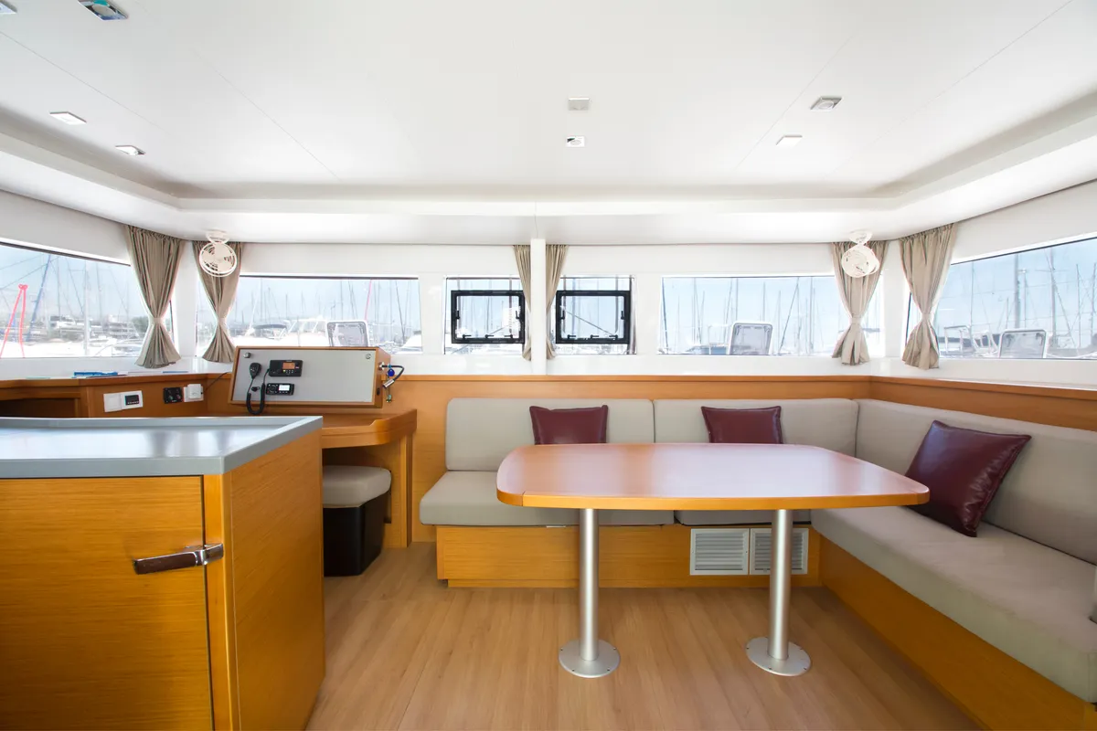 Salon of Hydra VIII, a Lagoon 450 Fly catamaran at Athens, Greece