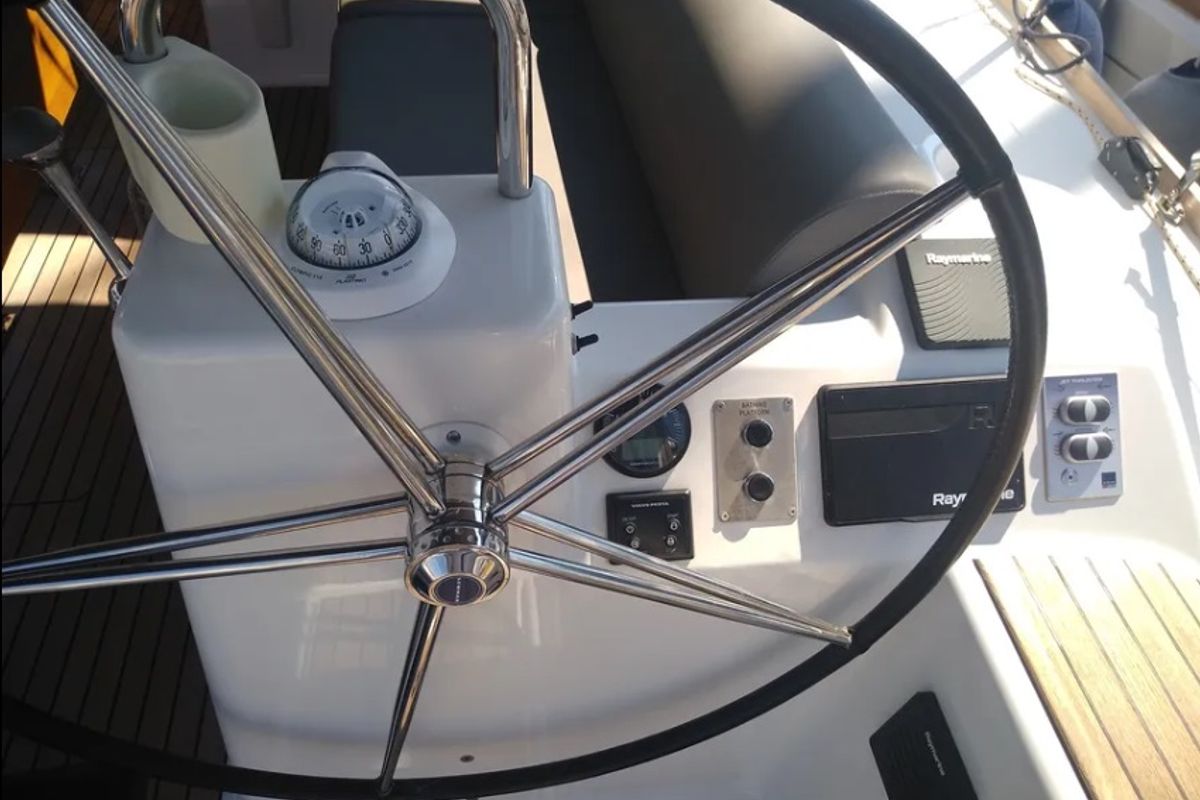 Cockpit of Elsa, a Dufour 460 GL sailboat at Kontokali, Greece