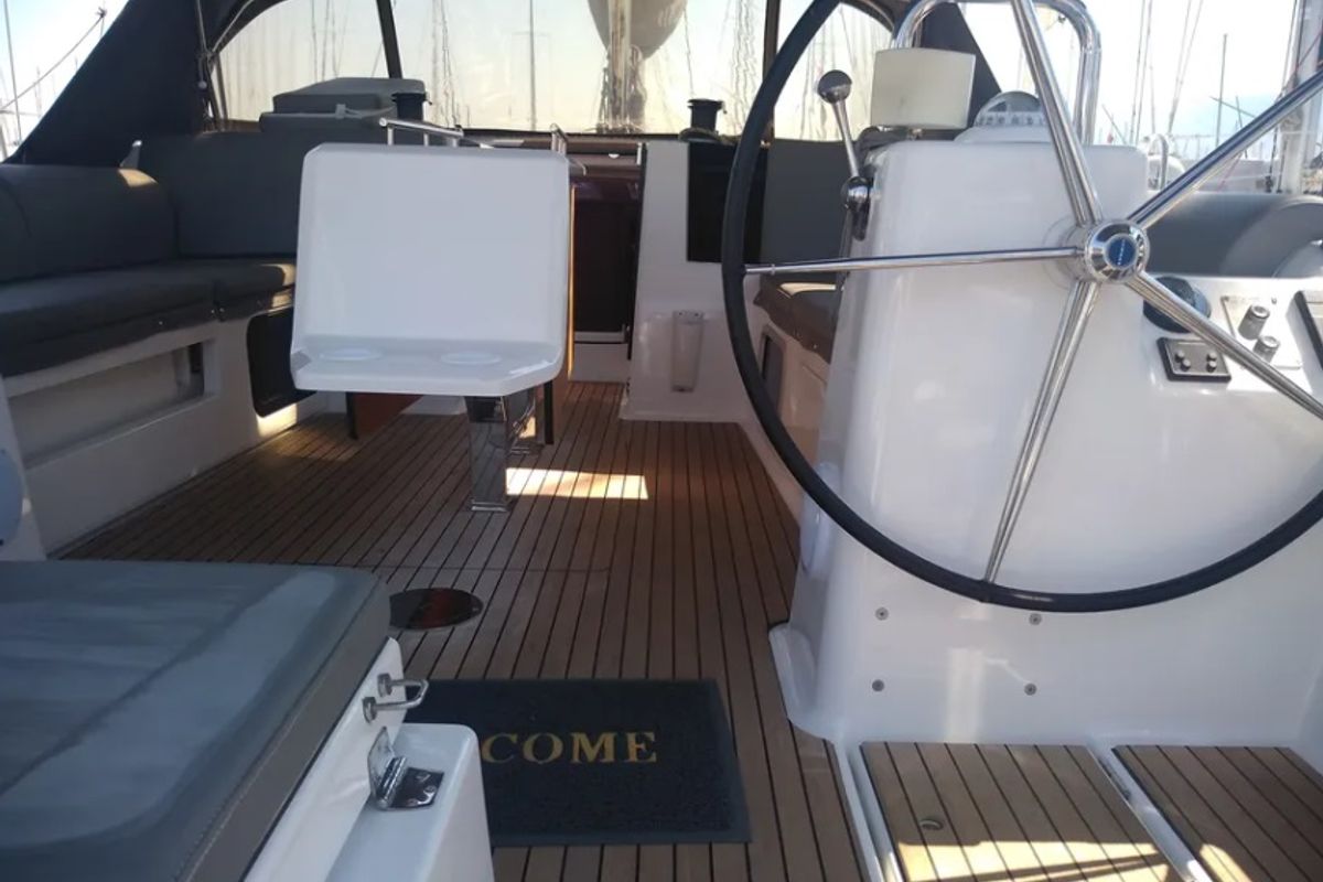 Cockpit of Elsa, a Dufour 460 GL sailboat at Kontokali, Greece