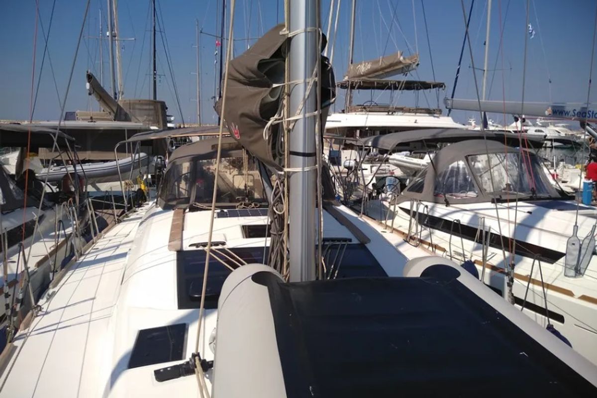 Deck of Elsa, a Dufour 460 GL sailboat at Kontokali, Greece