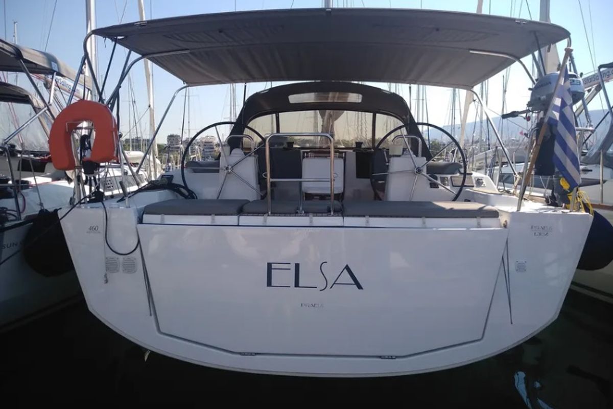 Exterior view of Elsa, a Dufour 460 GL sailboat at Kontokali, Greece
