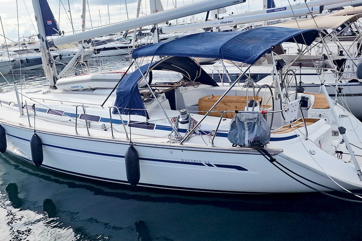Exterior view of Gin, a Bavaria 44 sailboat at Punat, Croatia