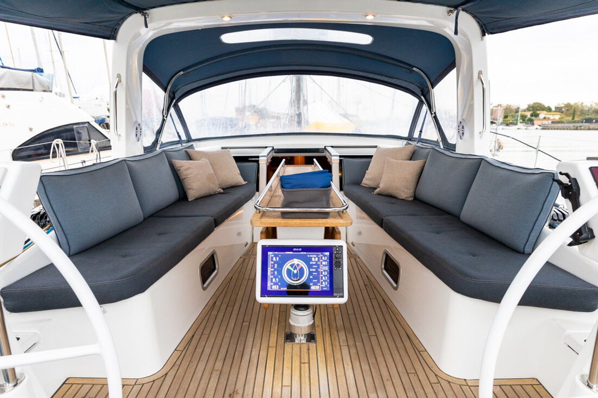 Cockpit of Ultreya, a Beneteau Oceanis 60 sailboat at Municipal Unit of Lefkada, Greece