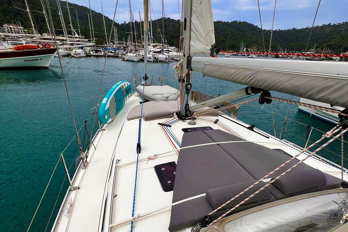 Deck of Aquaholic, a Bavaria Cruiser 45 sailboat at Fethiye, Turkey