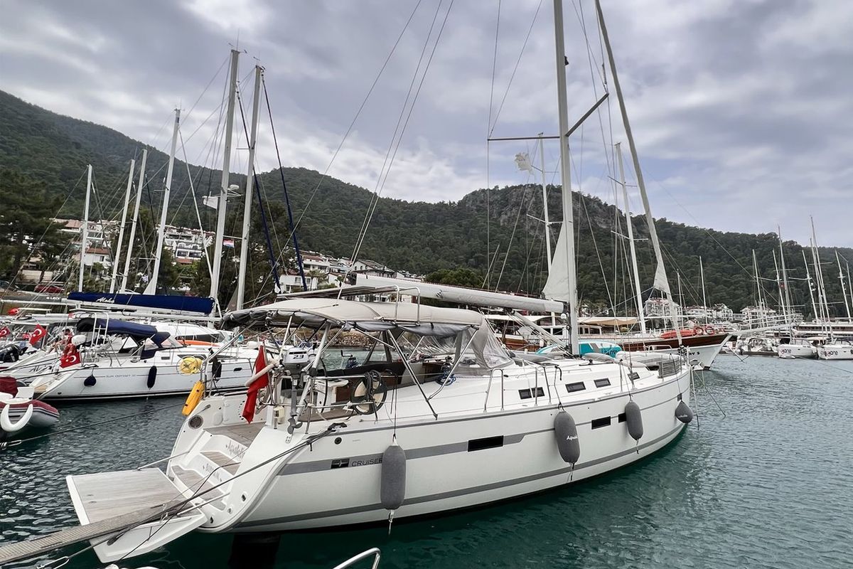 Exterior view of Aquaholic, a Bavaria Cruiser 45 sailboat at Fethiye, Turkey