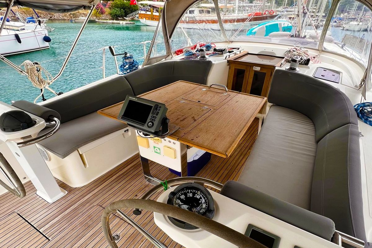 Deck of Aquaholic, a Bavaria Cruiser 45 sailboat at Fethiye, Turkey